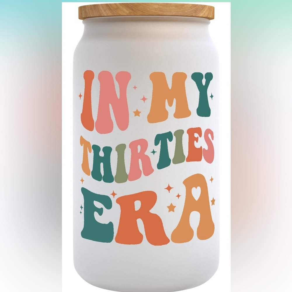 16oz Frosted Glass Tumbler with ‘In My Thirties Era’ label & glass straw NWOT